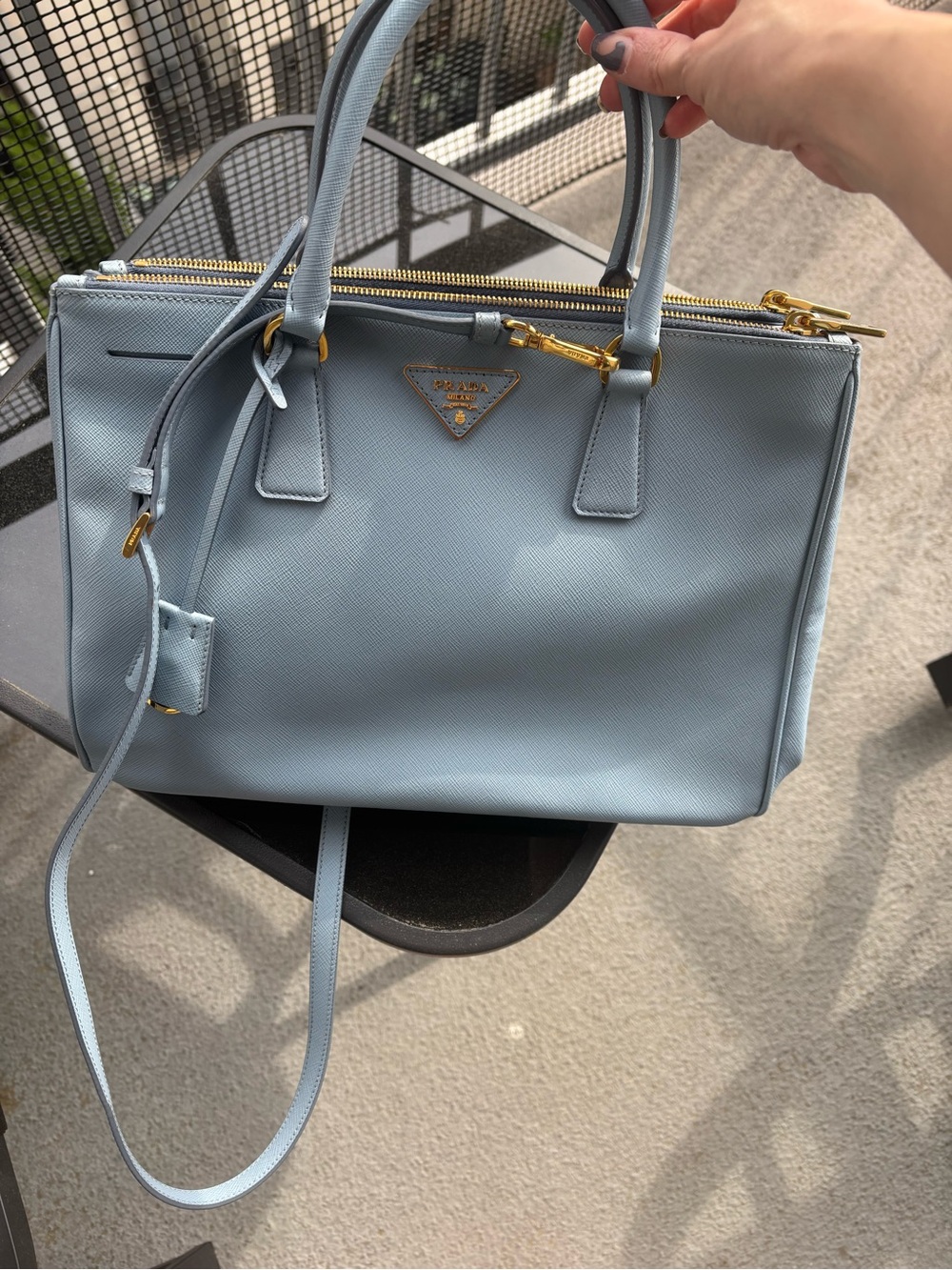Prada Saffiano Large Double Zip Tote in Powder Blue (“Astrale”) Gold Hardware - Picture 14 of 16